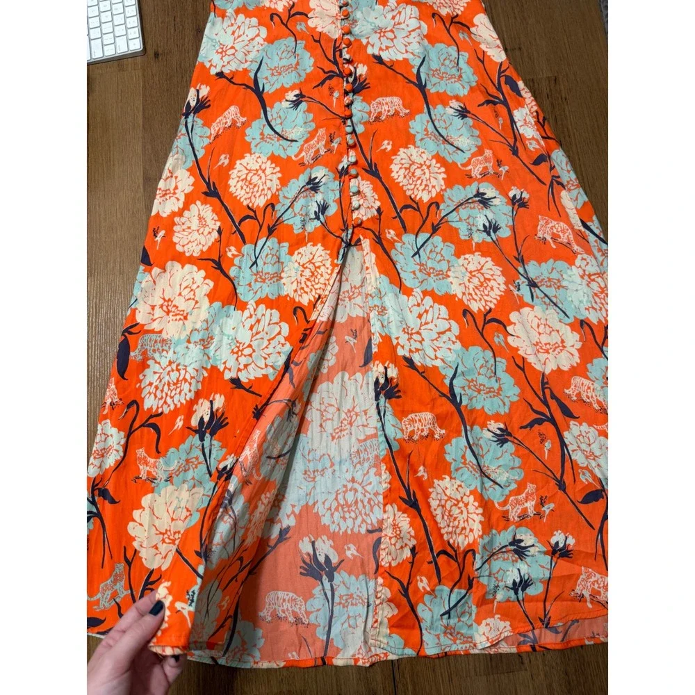 Free People Sammy Printed Maxi Skirt Size 6 Orange Floral Tiger Button Front